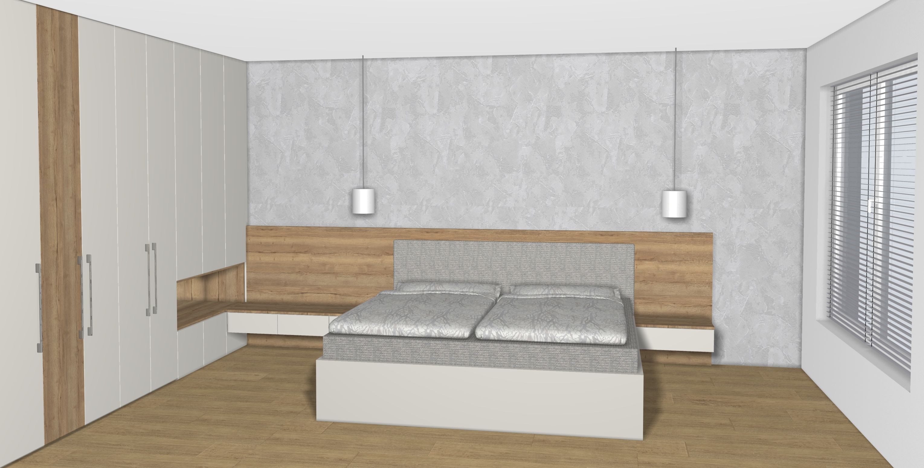 Ložnice s šatnou a toaletním stolkem - pohled na manželskou postel - půdorys